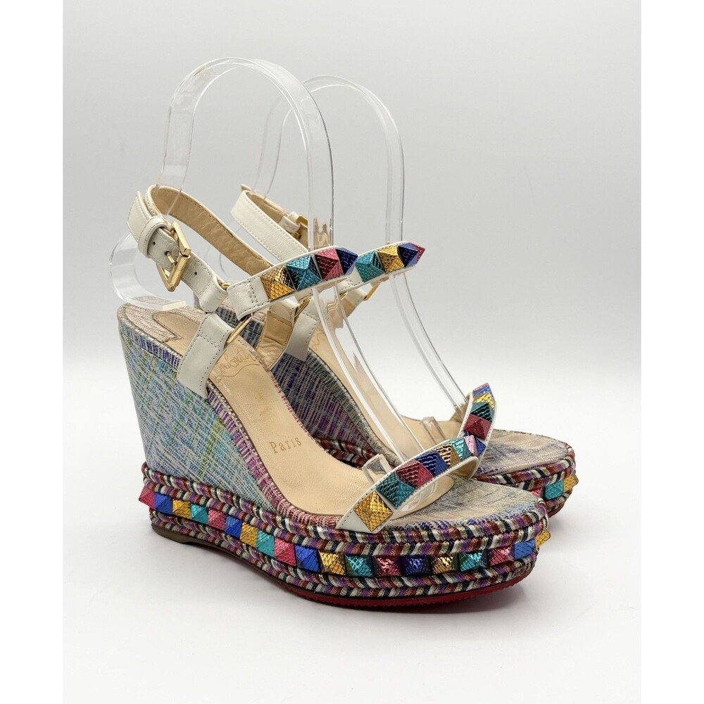 Christian Louboutin Multicolor Rainbow Leather Cataclou Espadrille Wedges EU 35 - Picture 3 of 11